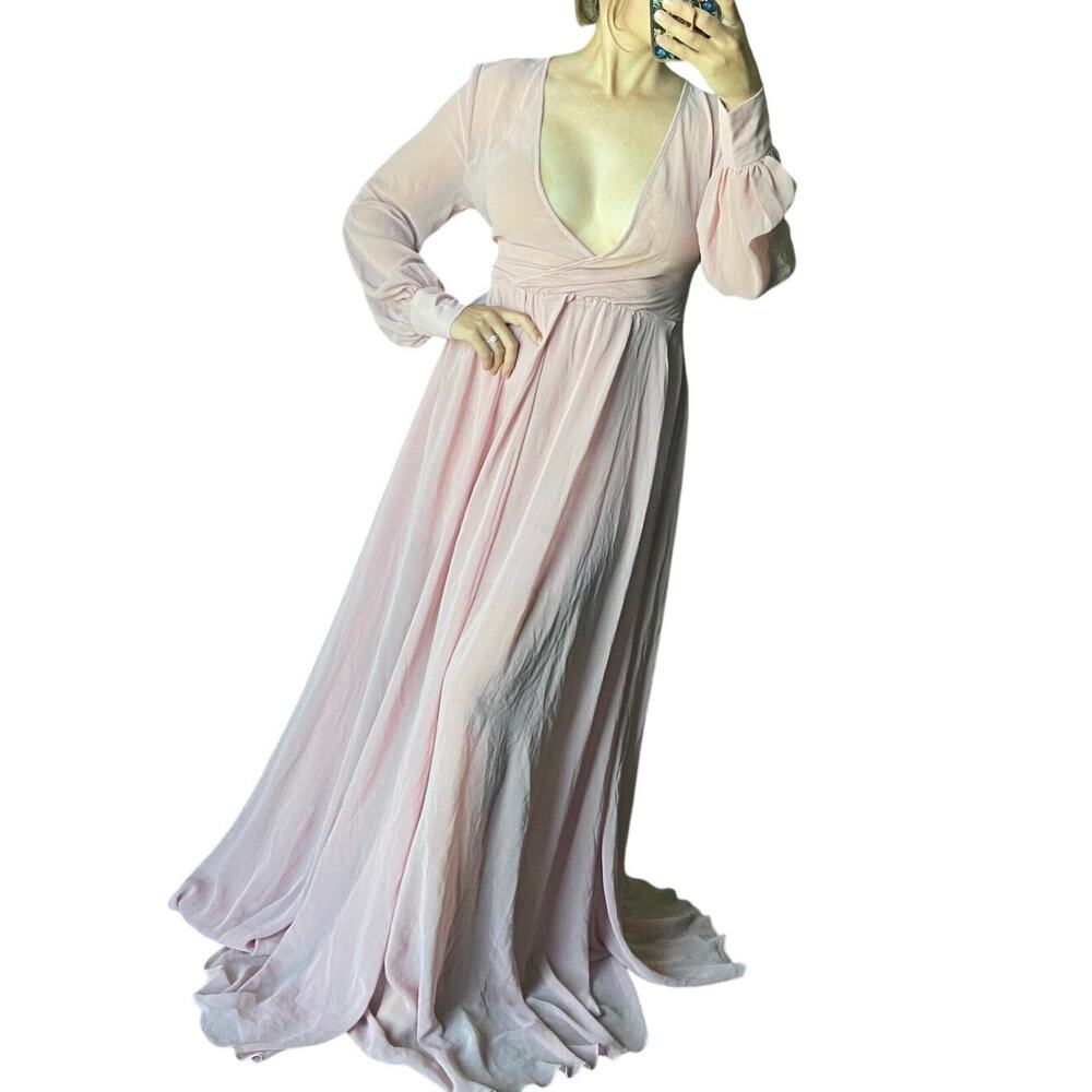 Windsor S Blush Pink Sheer Chiffon Long Sleeve Surplice Long Maxi Dress